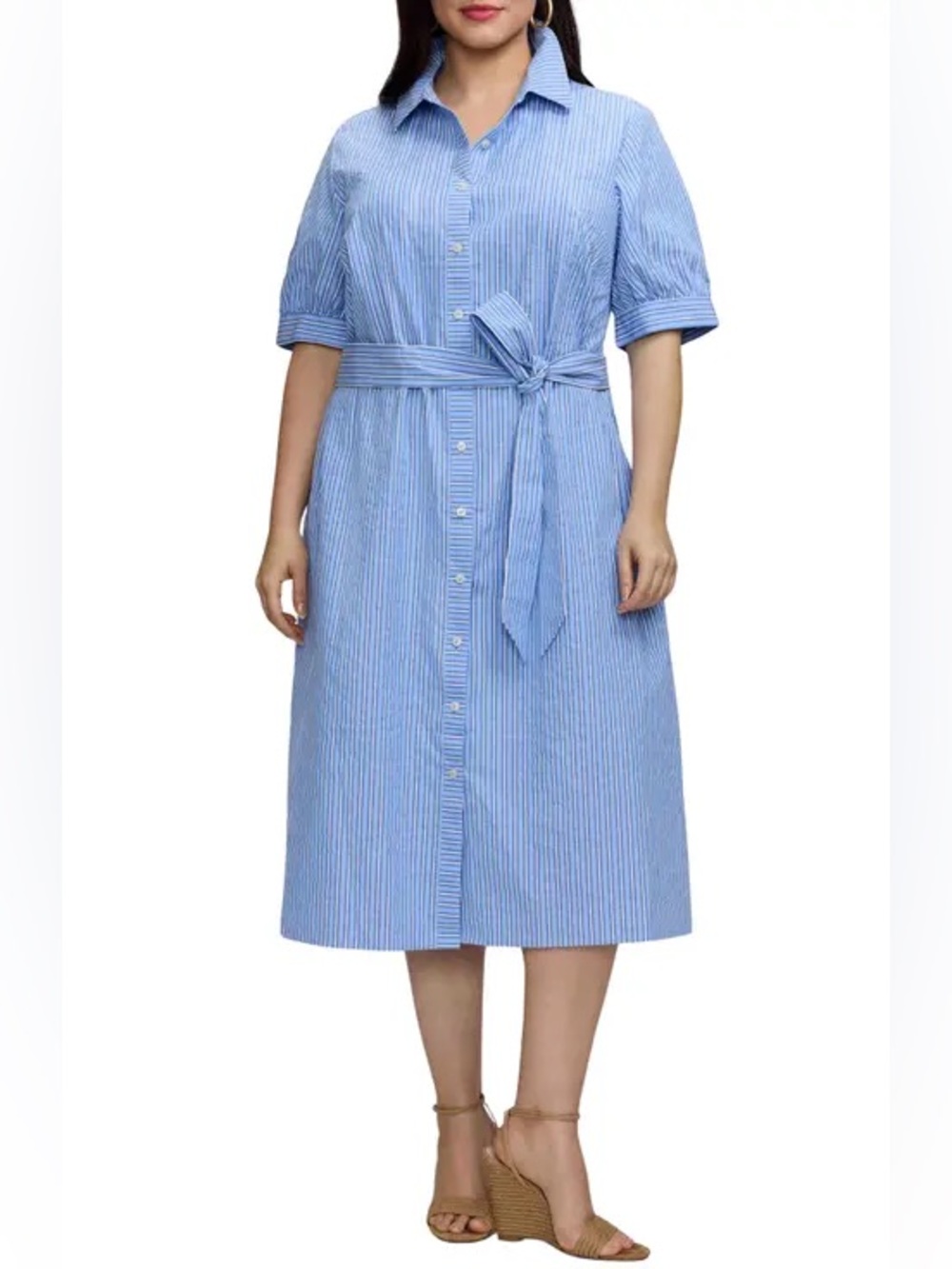 NWOT FOXCROFT Esther Belted Stripe Cotton
Shirtdress (Plus) in Blue Multi
2X